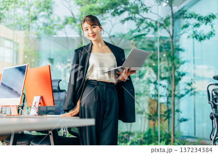 オフィスでパソコンを使って仕事する外国人女性 オフィスでパソコンを使って仕事する外国人女性 137234384