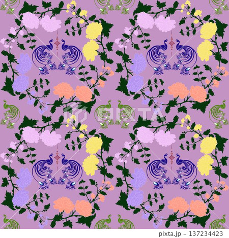 Seamless Peafowl and Floral Pattern with Purple Background and Elegant Botanical Wreaths Seamless Peafowl and Floral Pattern with Purple Background and Elegant Botanical Wreaths 137234423
