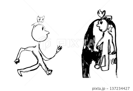 自分ともうひとりの自分が共に頭に猫を乗せて対面している様子をペンで手描きしたモノクロの線画イラスト素 自分ともうひとりの自分が共に頭に猫を乗せて対面している様子をペンで手描きしたモノクロの線画イラスト素 137234427