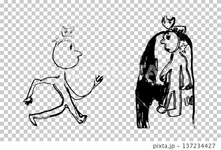 自分ともうひとりの自分が共に頭に猫を乗せて対面している様子をペンで手描きしたモノクロの線画イラスト素 自分ともうひとりの自分が共に頭に猫を乗せて対面している様子をペンで手描きしたモノクロの線画イラスト素 137234427