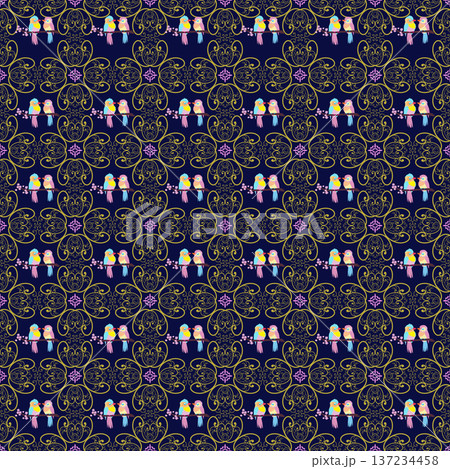 Seamless Ornamental Bird Pattern with Golden Filigree and Lovebird Pairs on Navy Blue Seamless Ornamental Bird Pattern with Golden Filigree and Lovebird Pairs on Navy Blue 137234458