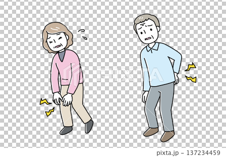 圖：一名膝蓋疼痛的女子和一名背痛的男子 137234459