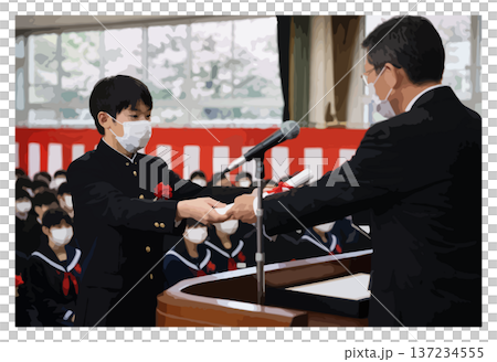 日本國中畢業典禮頒發畢業證書的男學生 137234555