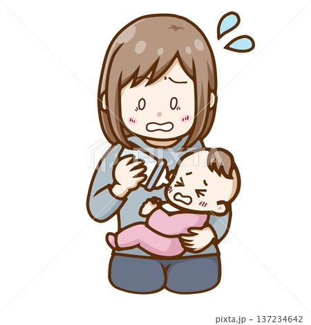 泣く赤ちゃんに哺乳瓶でミルクをあげて慌てる・困る母親のイラスト(育児ストレス・ミルク拒否) 泣く赤ちゃんに哺乳瓶でミルクをあげて慌てる・困る母親のイラスト(育児ストレス・ミルク拒否) 137234642