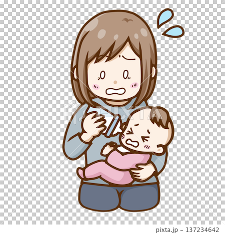 泣く赤ちゃんに哺乳瓶でミルクをあげて慌てる・困る母親のイラスト(育児ストレス・ミルク拒否) 泣く赤ちゃんに哺乳瓶でミルクをあげて慌てる・困る母親のイラスト(育児ストレス・ミルク拒否) 137234642