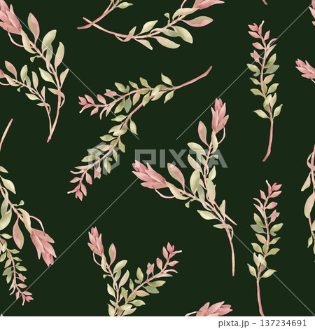 Gentle pink tropical plants seamless pattern on dark background. Botanical watercolor seamless design soft colors hand painted. Delicate floral repeat for textile, wallpaper, swimwear. Tropical print. 137234691