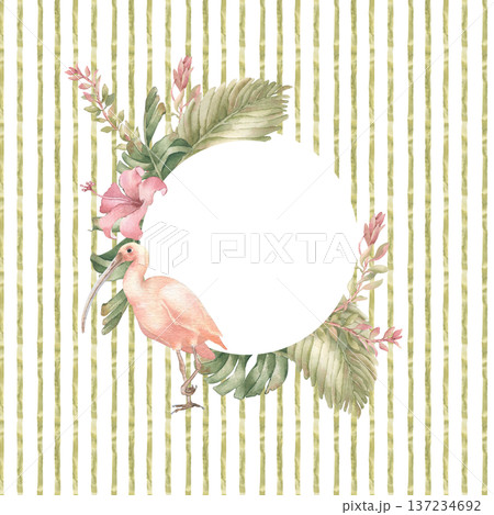 Watercolor pink tropical bird and plants frame on stripes background isolated white. Botanical art with ibis and palm hand painted. Blank space for text. Invitation design for summer event soft tones. Watercolor pink tropical bird and plants frame on stripes background isolated white. Botanical art with ibis and palm hand painted. Blank space for text. Invitation design for summer event soft tones. 137234692