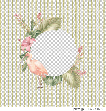 Watercolor pink tropical bird and plants frame on stripes background isolated white. Botanical art with ibis and palm hand painted. Blank space for text. Invitation design for summer event soft tones. Watercolor pink tropical bird and plants frame on stripes background isolated white. Botanical art with ibis and palm hand painted. Blank space for text. Invitation design for summer event soft tones. 137234692