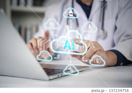 AI Artificial Intelligence analyzing big data for healthcare diagnostics. Doctor interacts with digital cloud interface, technology integration in modern medicine, science, and clinical research. AI Artificial Intelligence analyzing big data for healthcare diagnostics. Doctor interacts with digital cloud interface, technology integration in modern medicine, science, and clinical research. 137234758