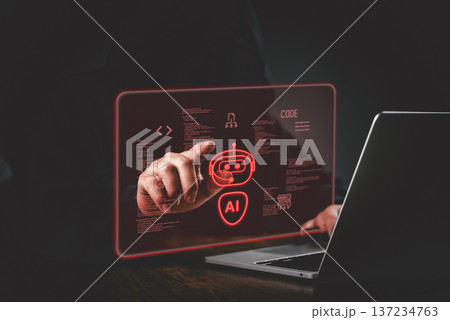 Artificial intelligence threat warning sign man using computer red glowing robot symbol digital brain cybercrime data breach smart automation system future technology machine learning. Artificial intelligence threat warning sign man using computer red glowing robot symbol digital brain cybercrime data breach smart automation system future technology machine learning. 137234763