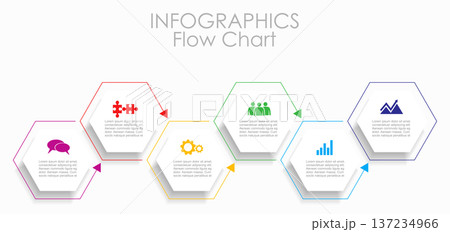Modern infographic flow chart with colorful hexagons, arrows, and icons for business process visualization. Vector illustration. 137234966