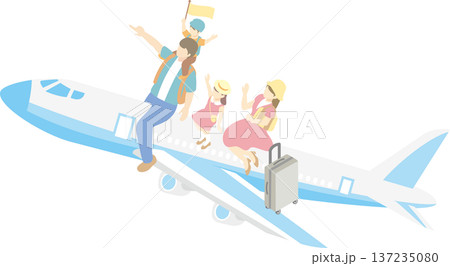 飛行機に乗って旅行へ行く家族のアイソメトリックイラスト。夏休みやGWの家族旅行・空の旅のイメージ 137235080
