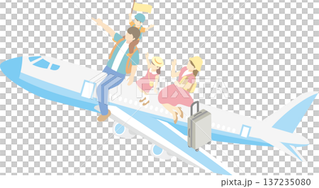 飛行機に乗って旅行へ行く家族のアイソメトリックイラスト。夏休みやGWの家族旅行・空の旅のイメージ 137235080