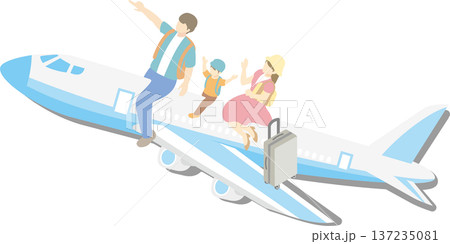 飛行機に乗って旅行へ行く家族のアイソメトリックイラスト。夏休みやGWの家族旅行・空の旅のイメージ 137235081