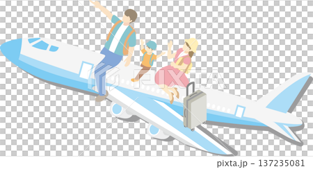 飛行機に乗って旅行へ行く家族のアイソメトリックイラスト。夏休みやGWの家族旅行・空の旅のイメージ 137235081