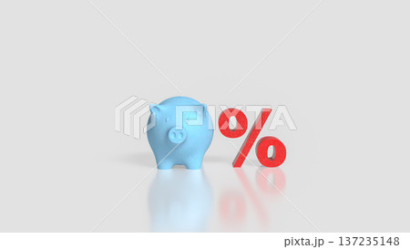 Blue Piggy Bank and Red Percent Symbol Concept 3d Render. Blue Piggy Bank and Red Percent Symbol Concept 3d Render. 137235148