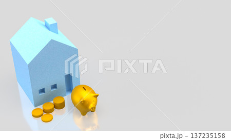 Golden Piggy Bank with House Investment Concept 3d render. 137235158