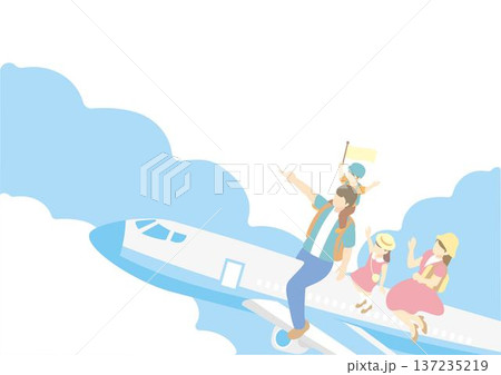 青空と飛行機に乗る家族のアイソメトリックイラスト。旅行・レジャーのバナー背景やフレーム素材 青空と飛行機に乗る家族のアイソメトリックイラスト。旅行・レジャーのバナー背景やフレーム素材 137235219