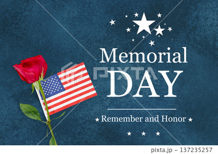 Patriotic Memorial Day card with Remember and Honor text, American Flag, red rose 137235257
