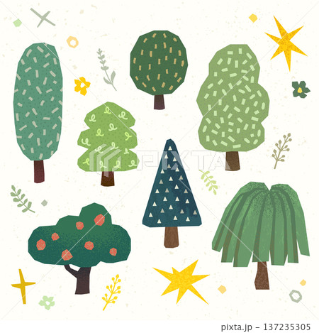 Set of textured hand drawn paper cut style tree illustrations for nature design 137235305