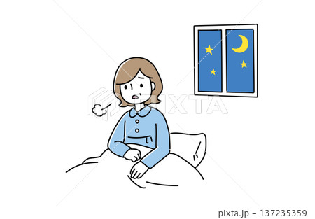 なかなか寝付けなくて困っている女性のイラスト なかなか寝付けなくて困っている女性のイラスト 137235359