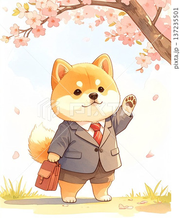 桜の木の下で新生活を迎える犬キャラクターの春イラスト8／チラシやポスター用素材 137235501