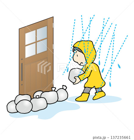 大雨の日に土嚢を積んで対策する 137235661