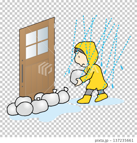 大雨の日に土嚢を積んで対策する 137235661