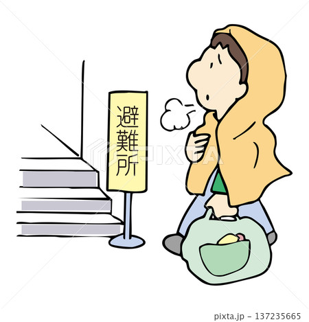 災害に避難所に到着した地域住民 137235665