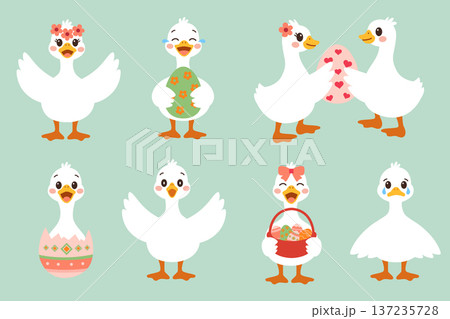 Cute Easter goose characters set in flat vector style Adorable geese with eggs cute vector illustration Goose characters Easter theme flat vector illustration 137235728
