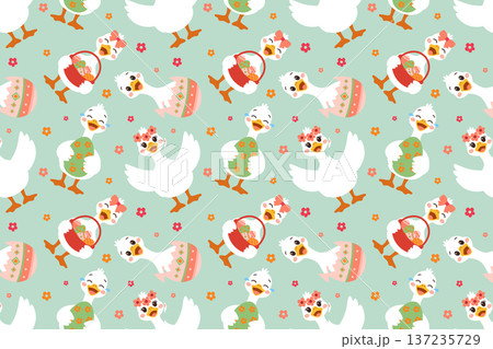 Cute Easter goose seamless pattern with eggs flat vector Adorable Easter geese seamless colorful flat style Sweet Easter geese with eggs illustration 137235729