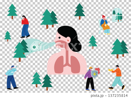 花粉症で悩む人々のイラストセット 137235814