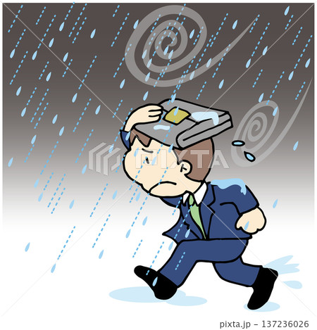 ゲリラ豪雨で傘が無くびしょ濡れのサラリーマン 137236026