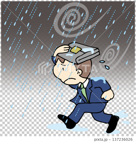 ゲリラ豪雨で傘が無くびしょ濡れのサラリーマン 137236026