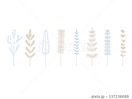 シダやソテツ等の植物をイメージした手描きの線画イラストセット1（青と茶色） 137236089
