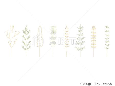 シダやソテツ等の植物をイメージした手描きの線画イラストセット1（黄色と緑） 137236090