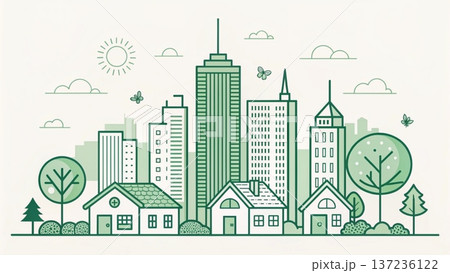 Modern eco city skyline illustration flat vector design green color 137236122