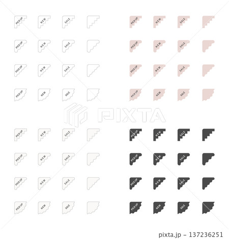 ECサイトや広告バナーで使えるコーナーリボンとラベルのベクターセット。新作・セール・おすすめの角タグ 137236251