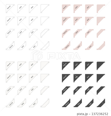 ECサイトや広告バナーで使えるコーナーリボンとラベルのベクターセット。新作・セール・おすすめの角タグ 137236252