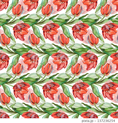 Vibrant seamless watercolor pattern of red tulips and green leaves. This hand-painted botanical texture features expressive brushstrokes, ideal for spring textiles, romantic wallpapers, and floral Vibrant seamless watercolor pattern of red tulips and green leaves. This hand-painted botanical texture features expressive brushstrokes, ideal for spring textiles, romantic wallpapers, and floral 137236254