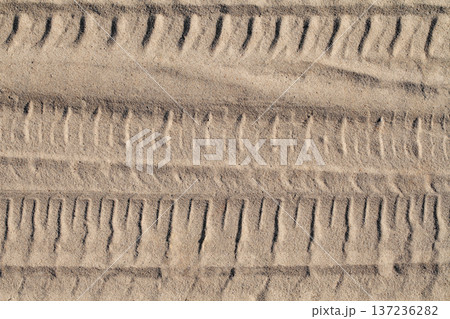 Footprint of a car wheel in the sand close-up 137236282