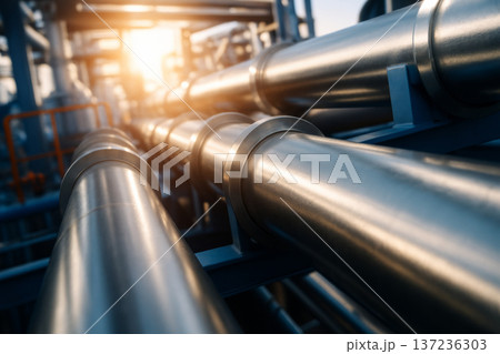 Industrial pipeline system in sunlight, highlighting energy production concept 137236303