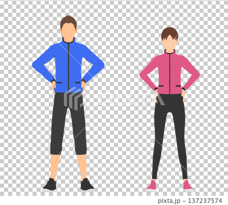 一組穿著運動服、擺出蔚藍標誌姿勢的男女插畫 一組穿著運動服、擺出蔚藍標誌姿勢的男女插畫 137237574