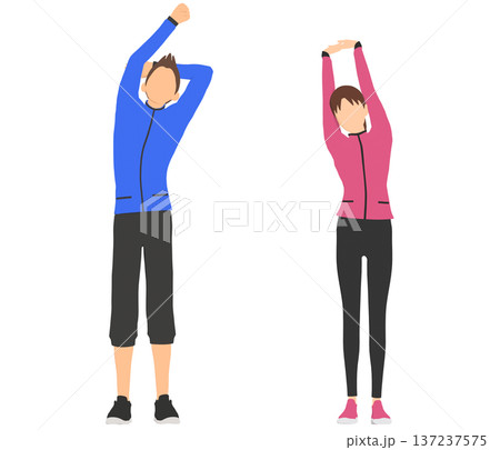 スポーツウェアで伸びをする男女のイラストセット スポーツウェアで伸びをする男女のイラストセット 137237575