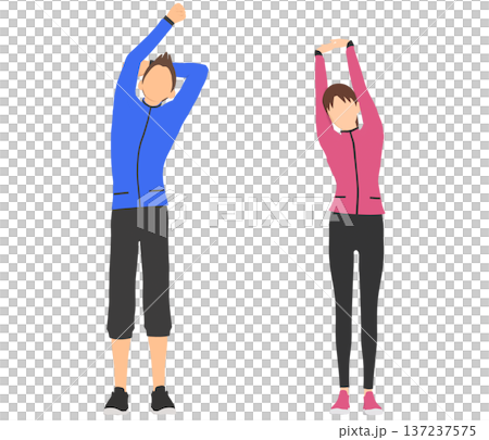 スポーツウェアで伸びをする男女のイラストセット スポーツウェアで伸びをする男女のイラストセット 137237575