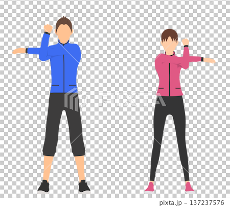 Illustration set of men and women stretching in sportswear Illustration set of men and women stretching in sportswear 137237576
