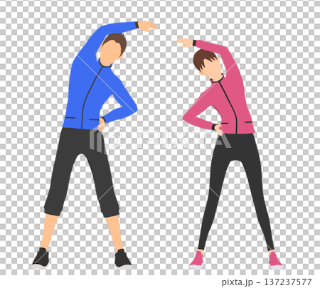 Illustration set of men and women doing warm-up exercises in sportswear Illustration set of men and women doing warm-up exercises in sportswear 137237577