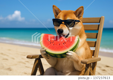 ビーチでスイカを食べている柴犬 137237613