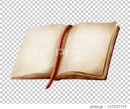 Open vintage book with aged pages and a red ribbon bookmark,symbolizing knowledge,heritage,continuity.Watercolor with warm sepia tones for libraries,educational projects,literary branding Open vintage book with aged pages and a red ribbon bookmark,symbolizing knowledge,heritage,continuity.Watercolor with warm sepia tones for libraries,educational projects,literary branding 137237735