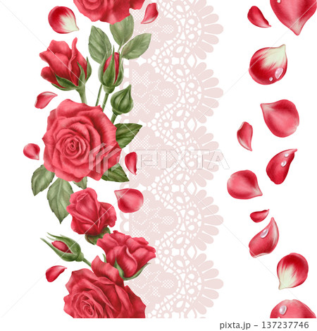 Passionate red roses,buds,scattered petals with soft pink openwork lace trim in seamless pattern.Romantic watercolor hues for Valentines Day,Mothers Day cards,wedding stationery,heartfelt celebrations Passionate red roses,buds,scattered petals with soft pink openwork lace trim in seamless pattern.Romantic watercolor hues for Valentines Day,Mothers Day cards,wedding stationery,heartfelt celebrations 137237746